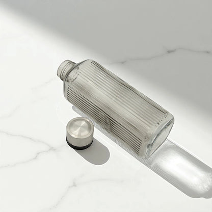 Tall Ribbed Glass Bottle with Stainless Steel Cap – Clear Water or Juice Bottle | Stylish Refillable Bottle for Kitchen, Office, or Table Use - Damoo