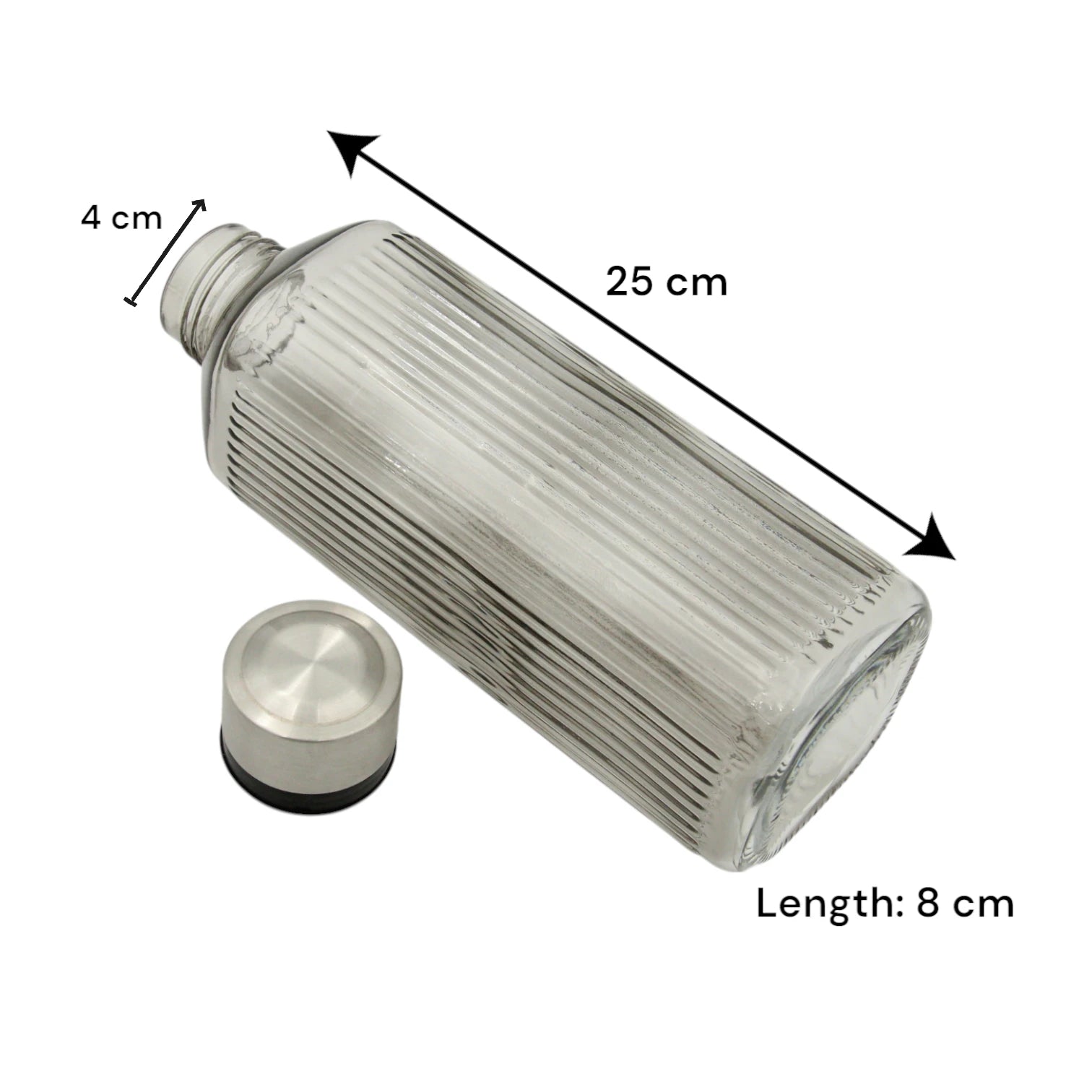 Tall Ribbed Glass Bottle with Stainless Steel Cap – Clear Water or Juice Bottle | Stylish Refillable Bottle for Kitchen, Office, or Table Use - Damoo