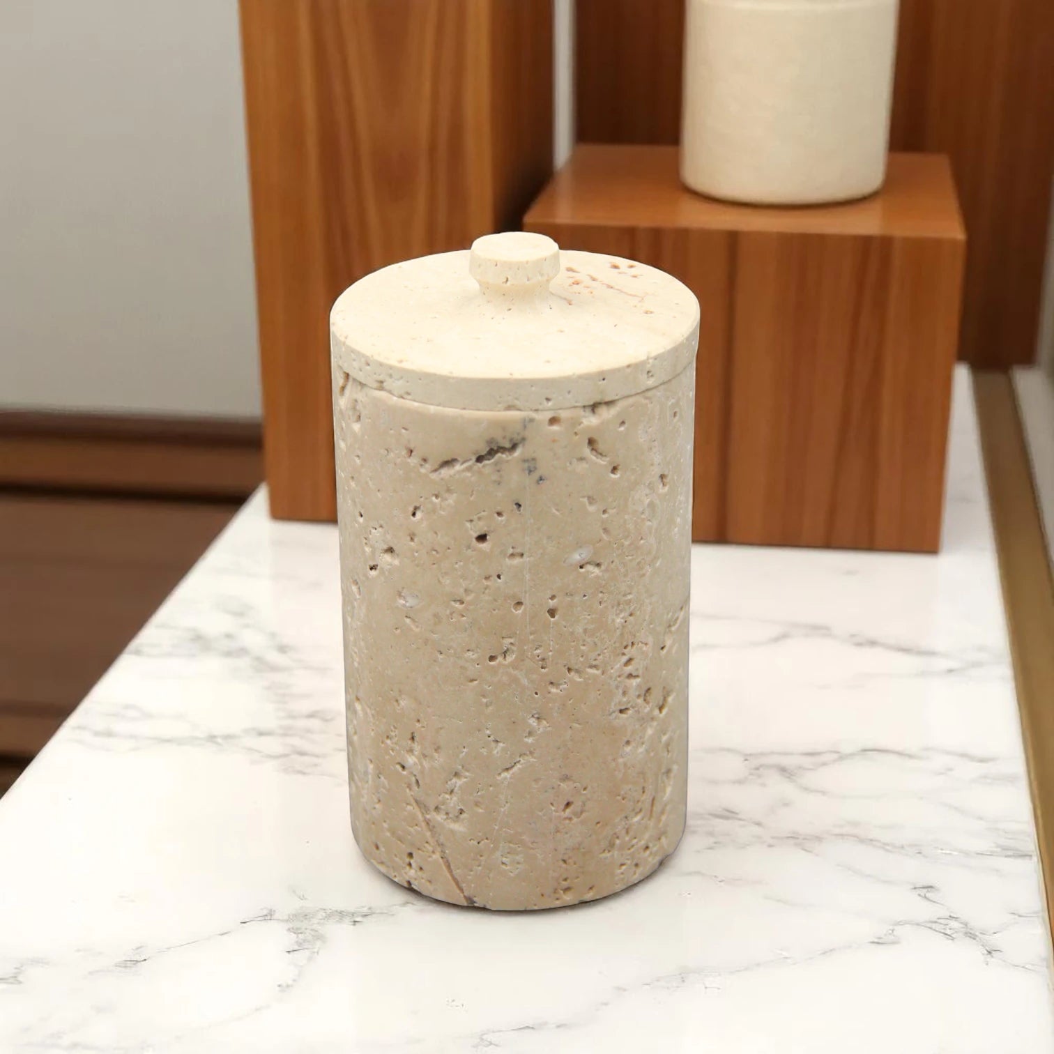 Tall Travertine Storage Canister with Lid – Large-Capacity Natural Stone Dispenser Jar for Bathroom, Kitchen & Vanity Organization - Damoo