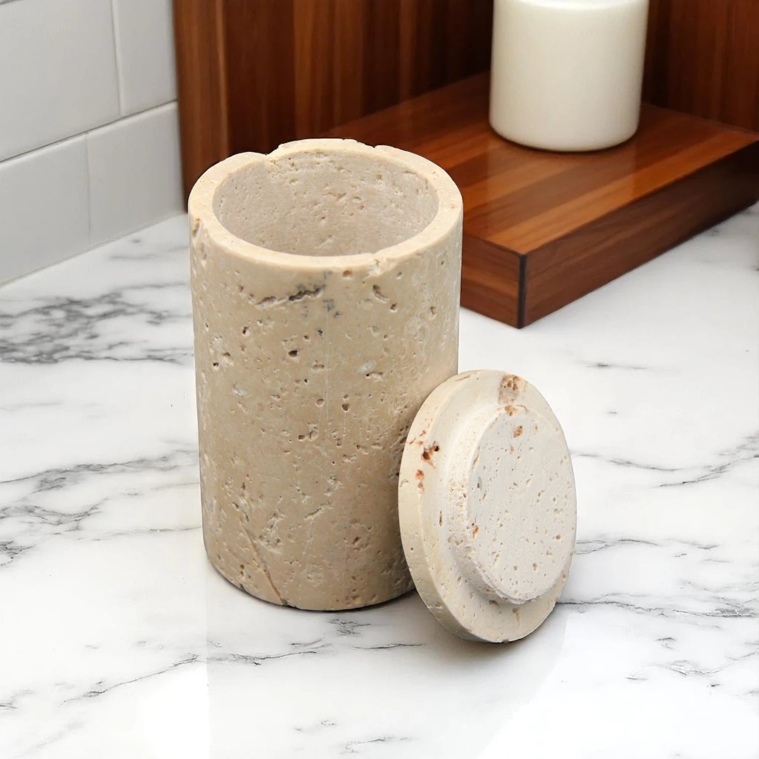 Tall Travertine Storage Canister with Lid – Large-Capacity Natural Stone Dispenser Jar for Bathroom, Kitchen & Vanity Organization - Damoo