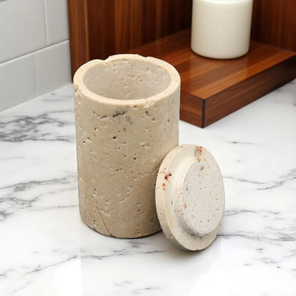 Tall Travertine Storage Canister with Lid – Large-Capacity Natural Stone Dispenser Jar for Bathroom, Kitchen & Vanity Organization - Damoo