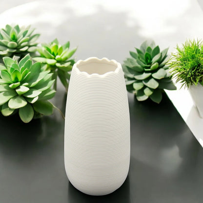 Textured White Ceramic Vase with Wavy Rim – Minimalist Modern Decorative Vase for Flowers, Shelves, and Tabletop Styling - Damoo