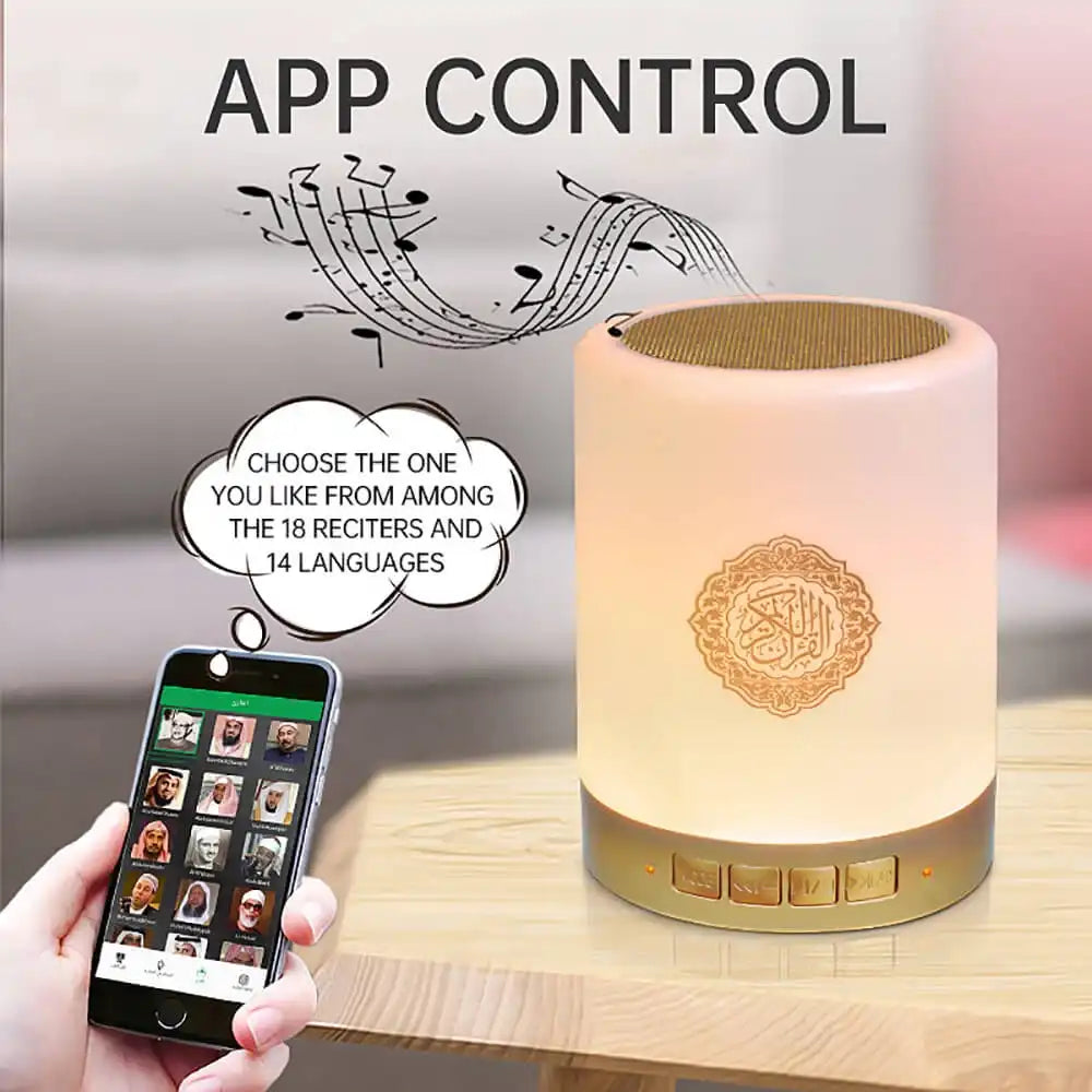 Touch Lamp Quran Speaker with Bluetooth, 8GB Memory, 18 Translations, Remote Control, MP3, FM Radio, Tafseer & HD Sound – Rechargeable LED Islamic Speaker for Kids & Adults - Damoo