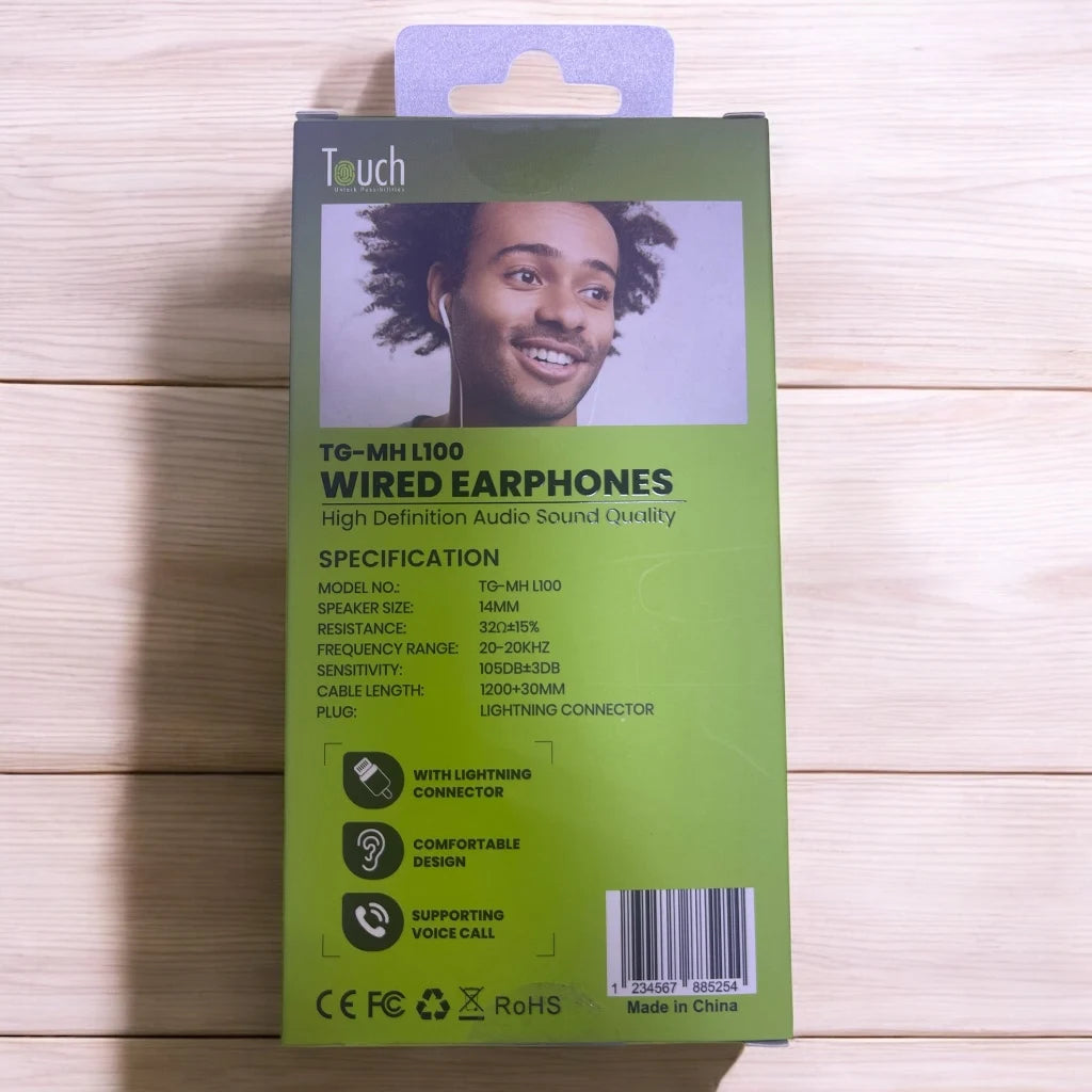 Touch Wired Earphone Hi-Fi Sound Audio with Lightning Connector – Ear Wired Mono Earphone with Mic, Deep Bass, 1.2m Braided Cable, 14mm Speaker Size for iPhone - Damoo