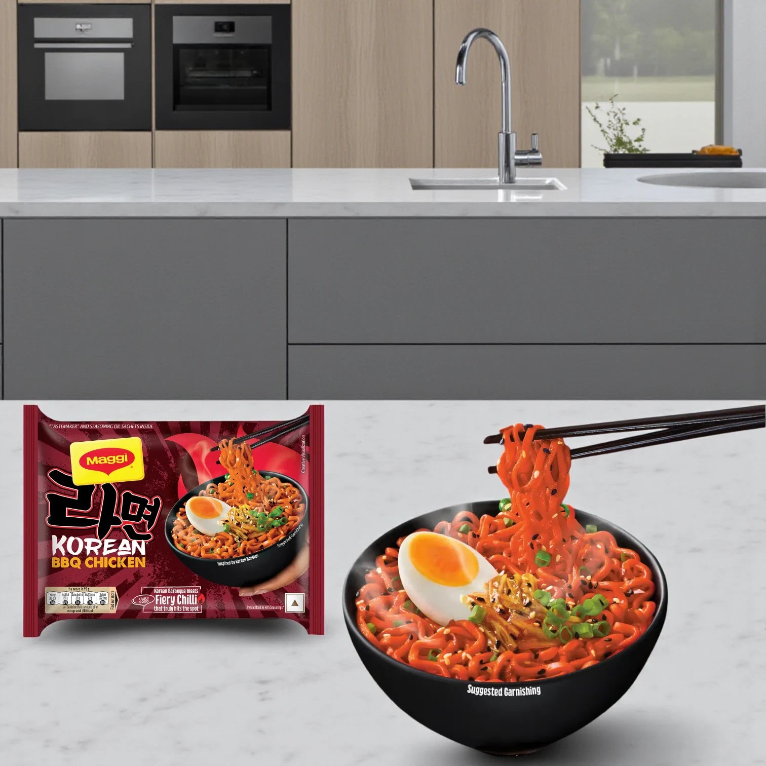 MAGGI Korean BBQ Chicken Instant Noodles | Spicy Korean-Style Ramen with Fiery Chilli & BBQ Flavour | 90g Pouch | Quick & Easy Snack - Damoo
