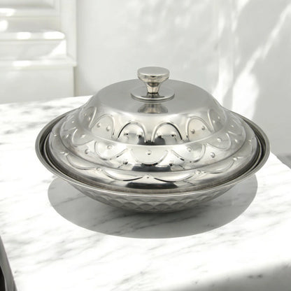 Traditional Stainless Steel Hot Pot with Ornate Dome Lid – Elegant Serving Dish for Warm Meals, Festivals & Family Gatherings - Damoo