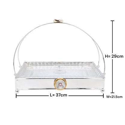 MAY FLOWER Premium Rectangular Serving Tray with Glass Plate Insert and Arch Handle Decorative Food Serving Stand (29H x 37L x 21.5W CM) - Damoo