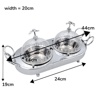 Double Dome Palm Tree Serving Tray – Silver Metal Base with Clear Acrylic Lids | Elegant Dual Dish Server for Desserts, Snacks & Sweets