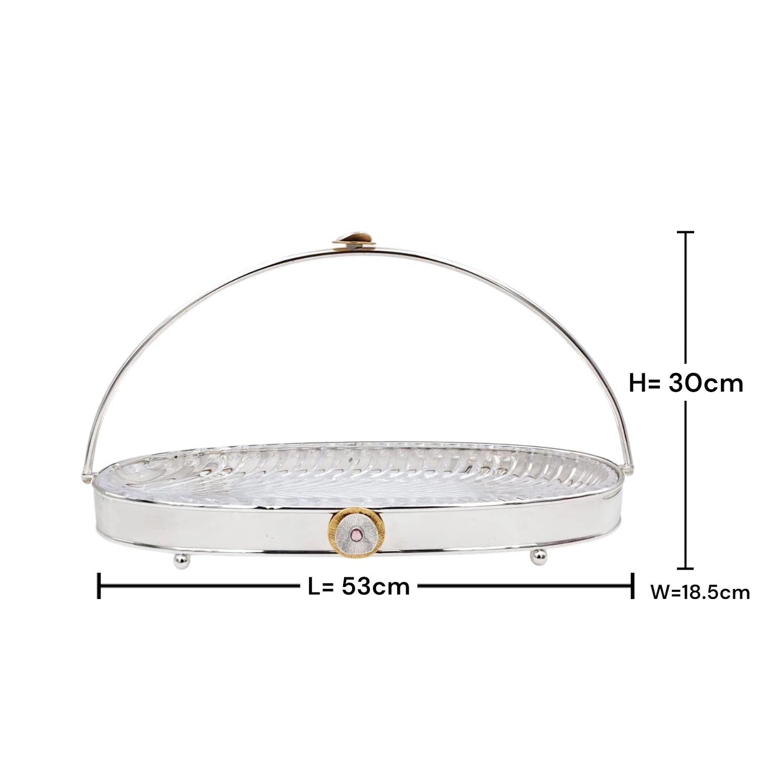 MAY FLOWER Premium Oval Serving Tray with Glass Plate Insert and Arch Handle Decorative Food Display Stand (30H x 53L x 18.5W CM) - Damoo