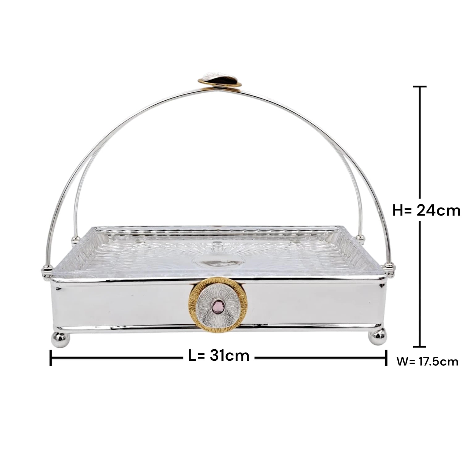 MAY FLOWER Rectangular Serving Tray with Glass Plate Insert and Decorative Arch Handle Elegant Food Display Stand (24H x 31L x 17.5W CM) - Damoo