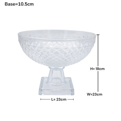 Metropolitan Clear Glass Pedestal Serving Bowl Decorative Fruit & Dessert Display Stand with Textured Diamond Pattern for Dining Table Centerpiece (18H x 23L x 23W CM x Base 10.5CM) - Damoo