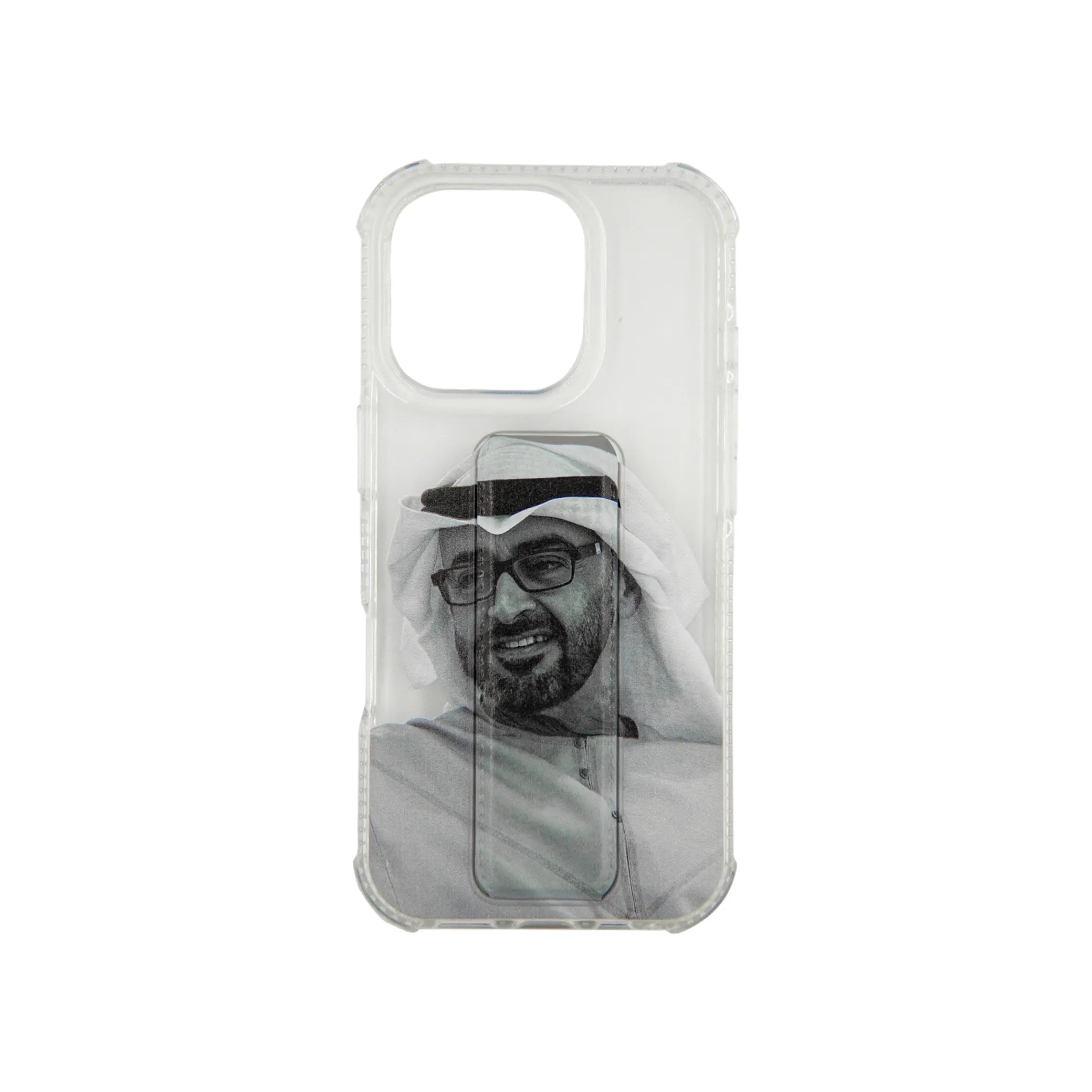 Transparent Back Support iPhone Case with Kickstand – Featuring His Highness Sheikh Mohamed bin Zayed Portrait – Shockproof Protective Cover with Built-in Stand - Damoo