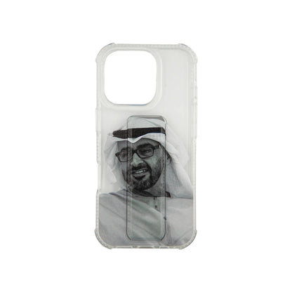 Transparent Back Support iPhone Case with Kickstand – Featuring His Highness Sheikh Mohamed bin Zayed Portrait – Shockproof Protective Cover with Built-in Stand - Damoo