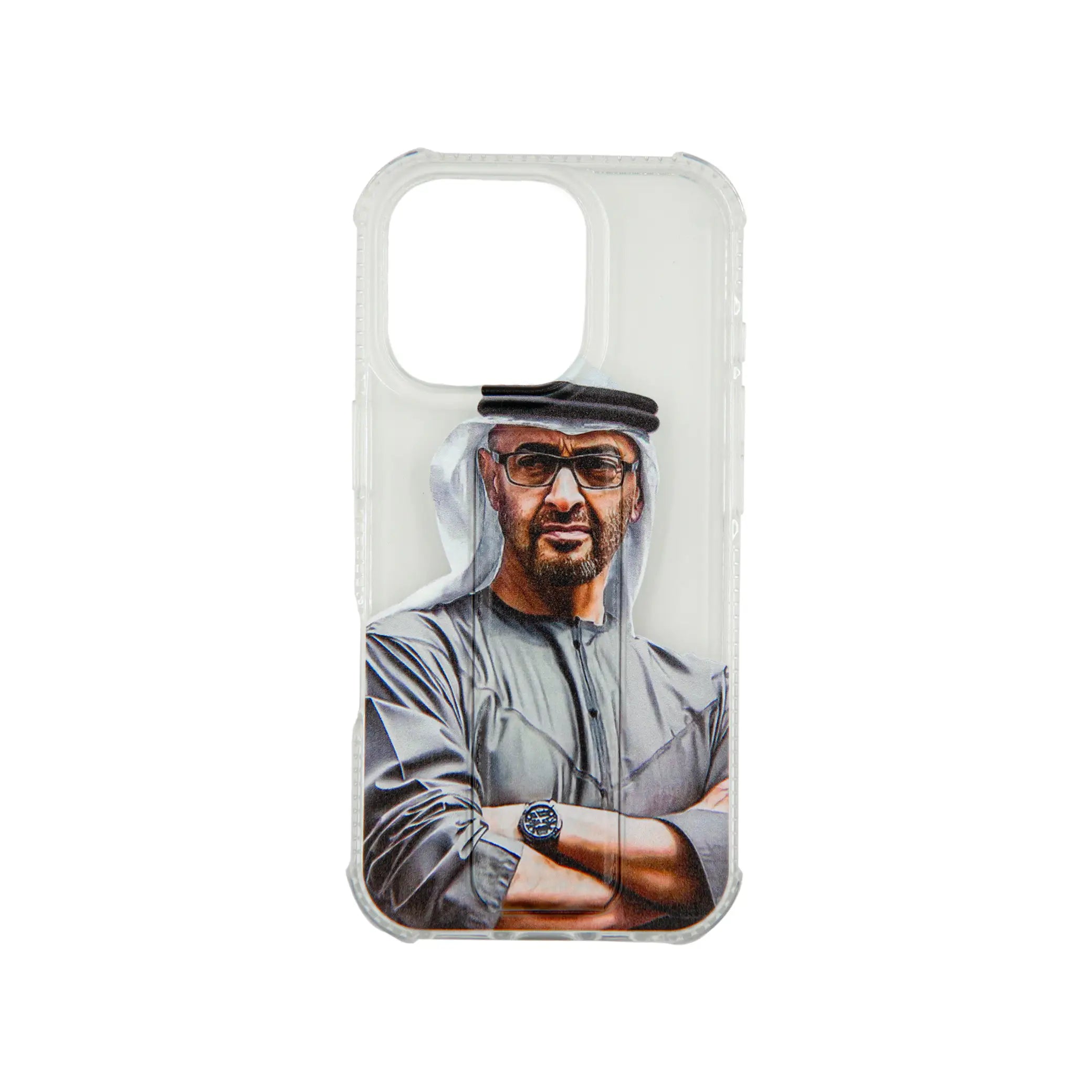 Transparent Back Support iPhone Case with Kickstand – Featuring His Highness Sheikh Mohamed bin Zayed Portrait – Shockproof Protective Cover with Built-in Stand - Damoo