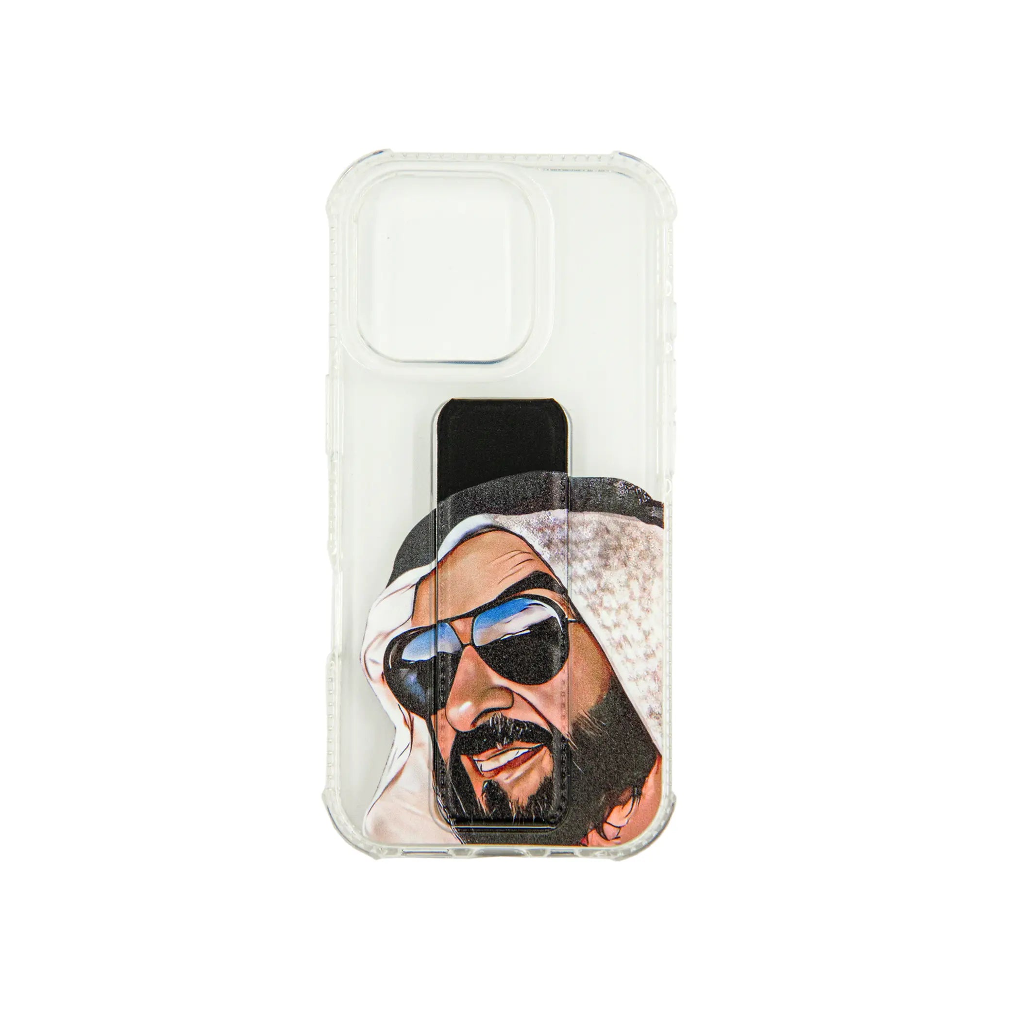 Transparent Back Support iPhone Case with Kickstand – Featuring Sheikh Zayed bin Sultan Portrait – Shockproof Protective Cover with Built-in Stand - Damoo