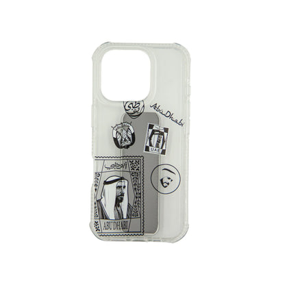 Transparent Back Support iPhone Case with Kickstand – UAE Heritage Stamp Art Featuring Sheikh Zayed bin Sultan – Shockproof Clear Cover with Built-in Stand - Damoo