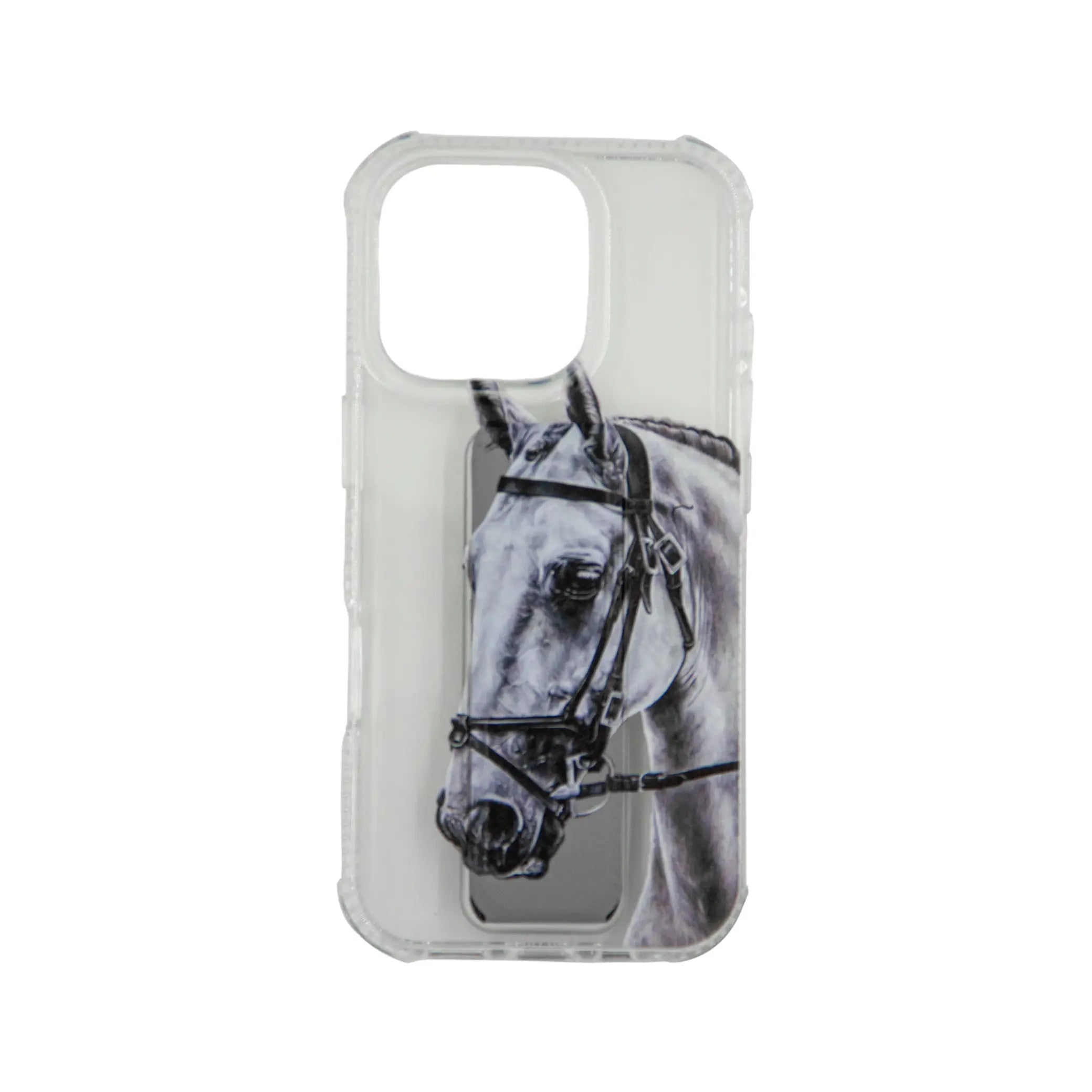 Transparent iPhone Case with Kickstand – Shockproof Back Support Cover with Elegant Horse Illustration – Clear Protective Grip Case with Built-in Stand - Damoo