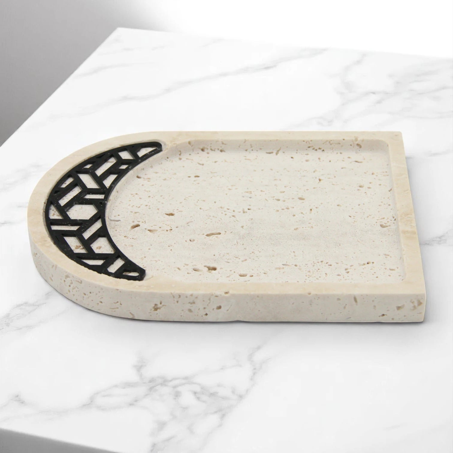Travertine Stone Tray with Black Geometric Inlay | Luxury Decorative Tray for Vanity, Coffee Table & Serving - Damoo