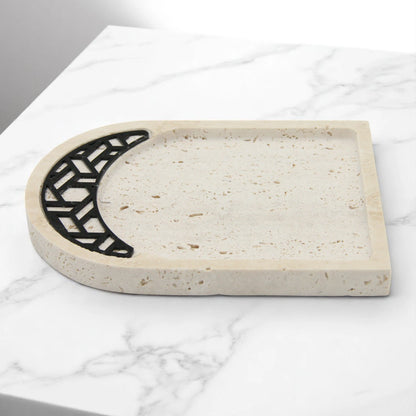Travertine Stone Tray with Black Geometric Inlay | Luxury Decorative Tray for Vanity, Coffee Table & Serving - Damoo