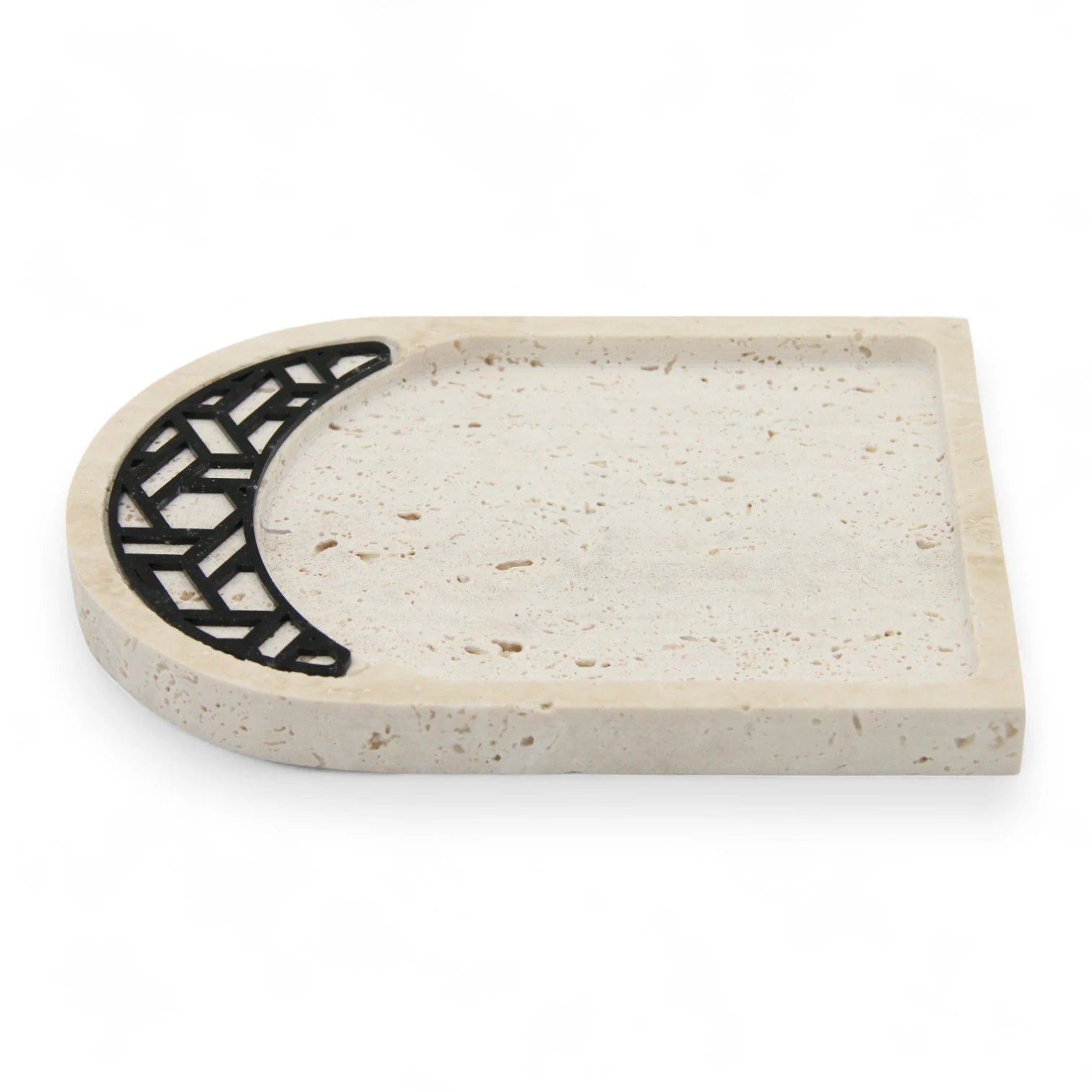 Travertine Stone Tray with Black Geometric Inlay | Luxury Decorative Tray for Vanity, Coffee Table & Serving - Damoo