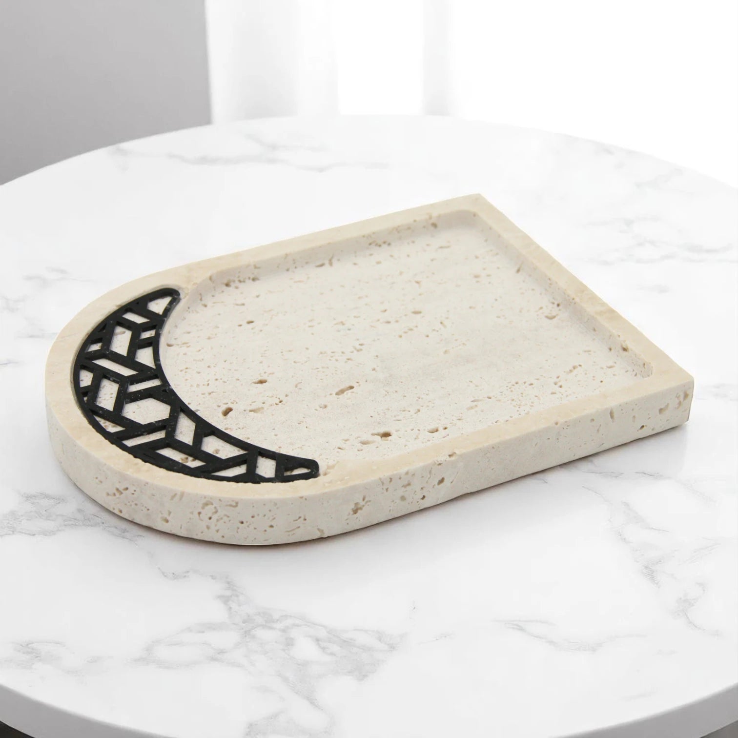 Travertine Stone Tray with Black Geometric Inlay | Luxury Decorative Tray for Vanity, Coffee Table & Serving - Damoo
