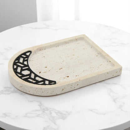 Travertine Stone Tray with Black Geometric Inlay | Luxury Decorative Tray for Vanity, Coffee Table & Serving - Damoo