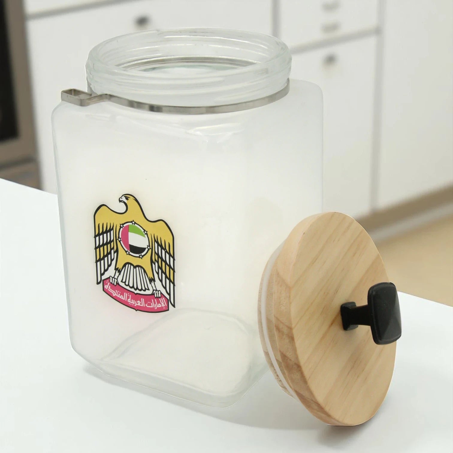 UAE Emblem Glass Storage Jar with Wooden Lid – Airtight Kitchen Container for Spices, Snacks, and Pantry Storage - Damoo