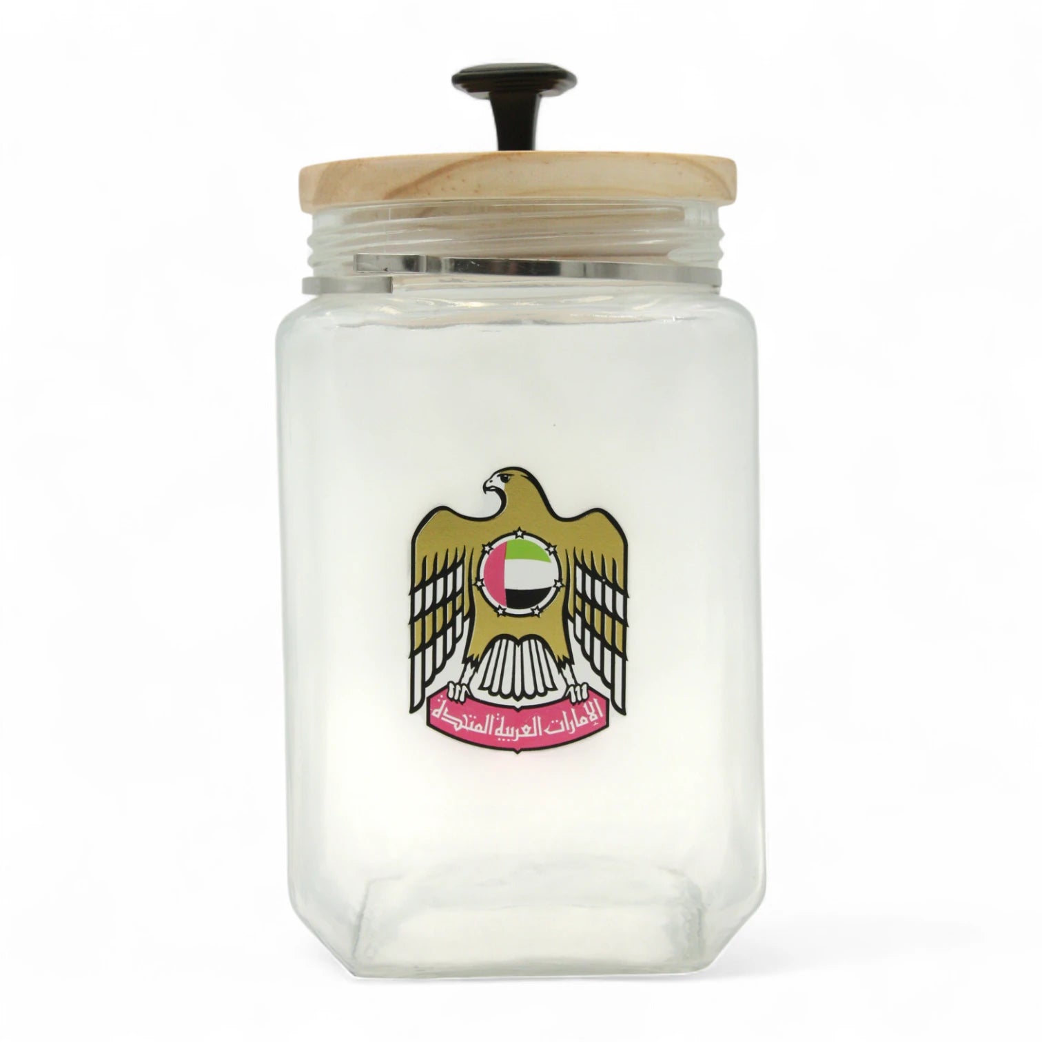 UAE Emblem Glass Storage Jar with Wooden Lid – Airtight Kitchen Container for Spices, Snacks, and Pantry Storage - Damoo