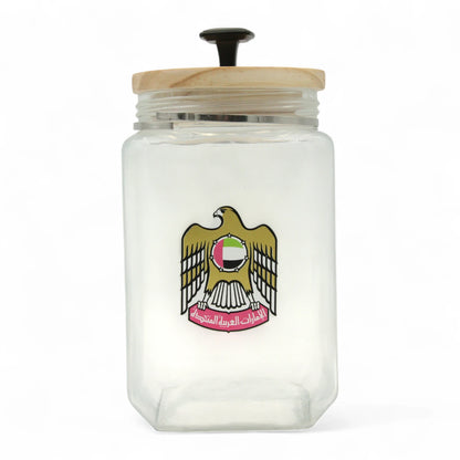 UAE Emblem Glass Storage Jar with Wooden Lid – Airtight Kitchen Container for Spices, Snacks, and Pantry Storage - Damoo