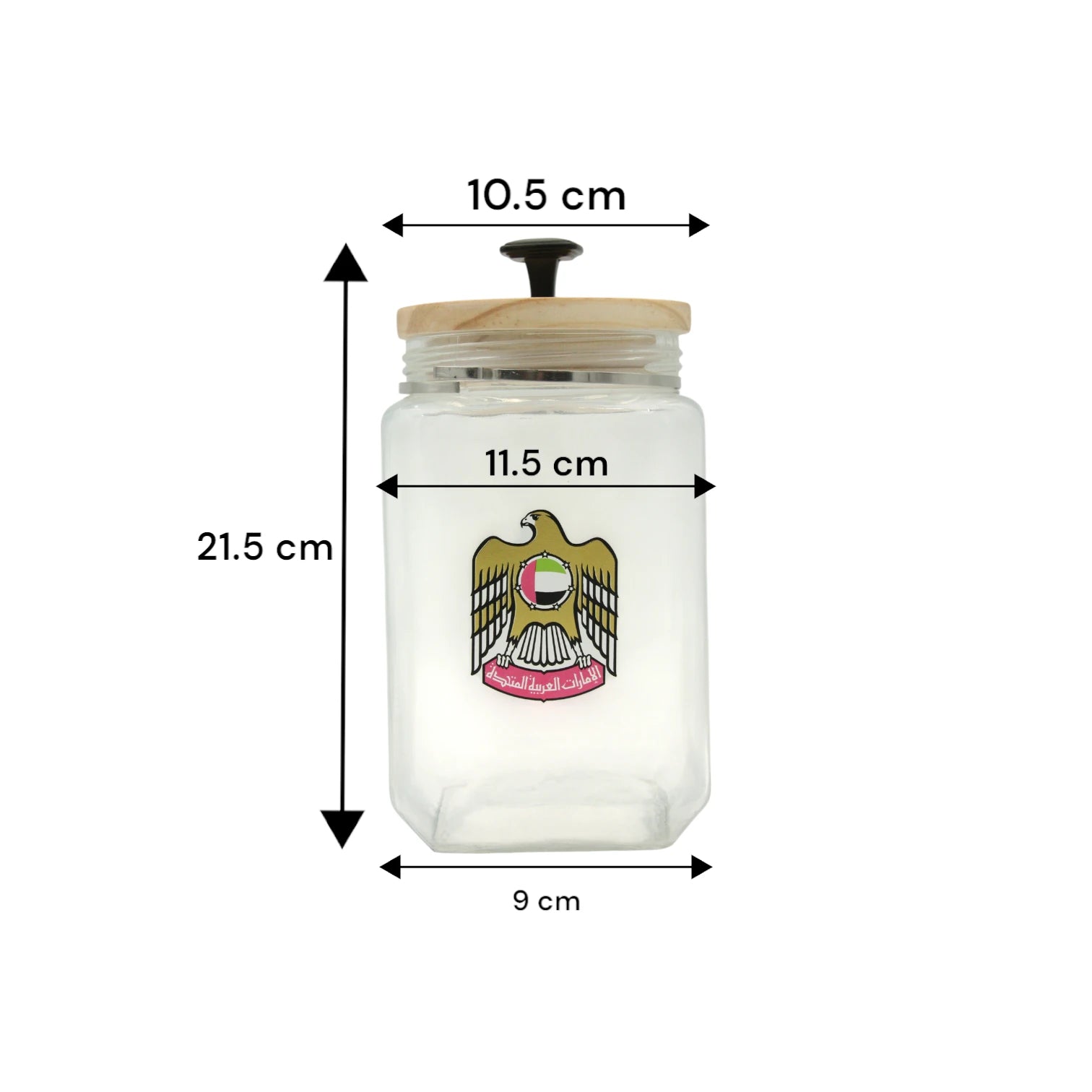 UAE Emblem Glass Storage Jar with Wooden Lid – Airtight Kitchen Container for Spices, Snacks, and Pantry Storage - Damoo
