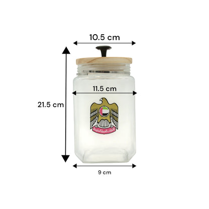 UAE Emblem Glass Storage Jar with Wooden Lid – Airtight Kitchen Container for Spices, Snacks, and Pantry Storage - Damoo