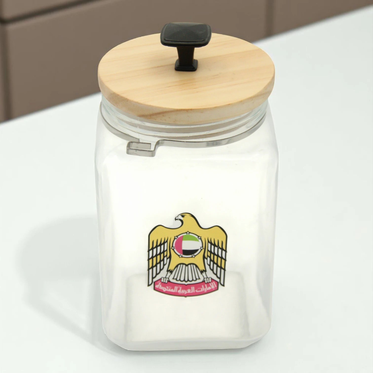 UAE Emblem Glass Storage Jar with Wooden Lid – Airtight Kitchen Container for Spices, Snacks, and Pantry Storage - Damoo