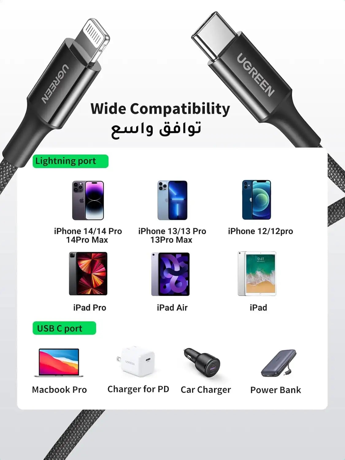 UGREEN 1M Lightning Cable [MFi Certified], Fast USB-A to Lightning Charger, 2.4A, 60W PD, for iPhone & iPad - Damoo
