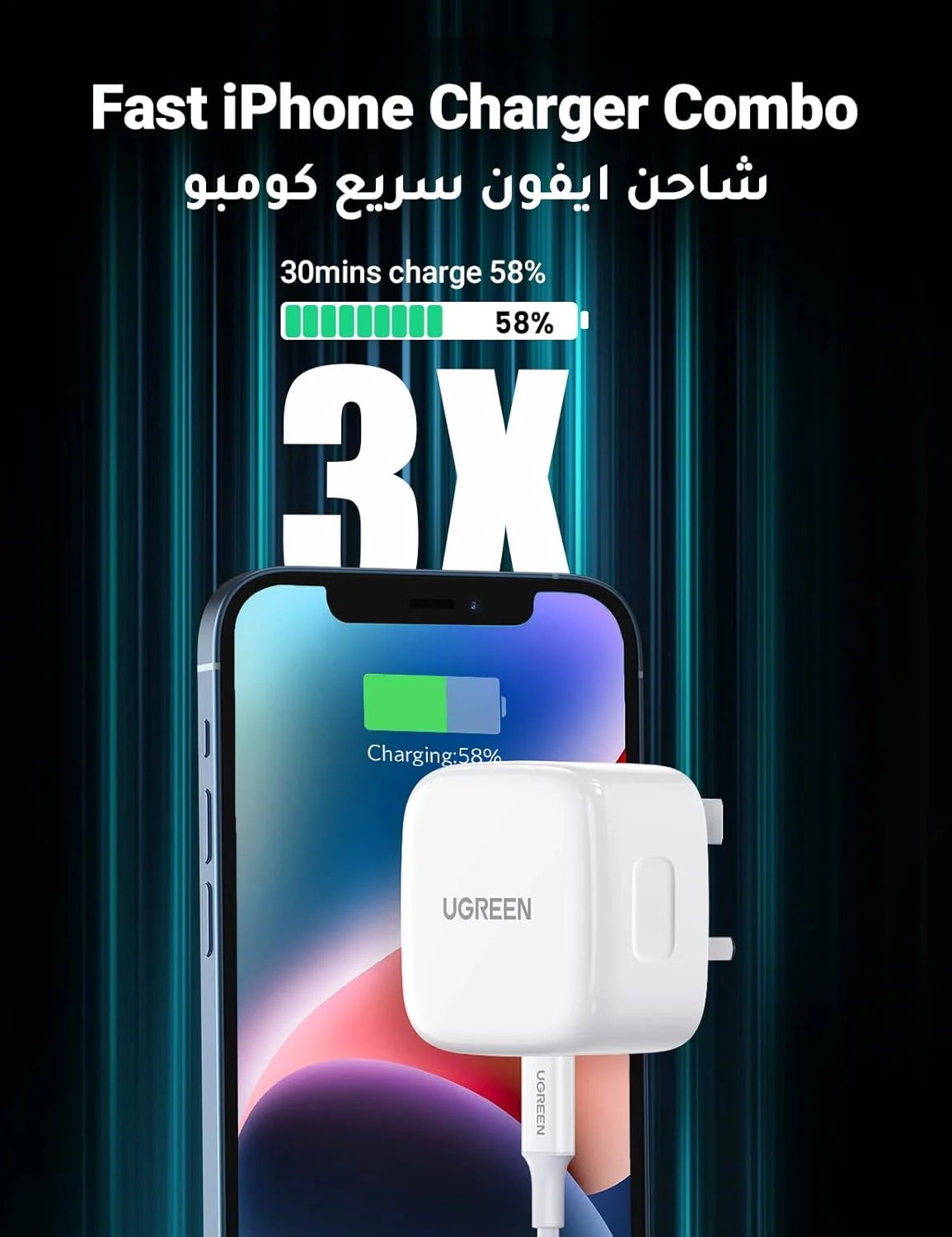 UGREEN 20W USB-C PD Fast Charger with 1M Lightning Cable | Type-C Wall Plug for iPhone 14 Pro Max/13/12/11/Xs, iPad 7-9, Mini 5, Air 3 - Damoo