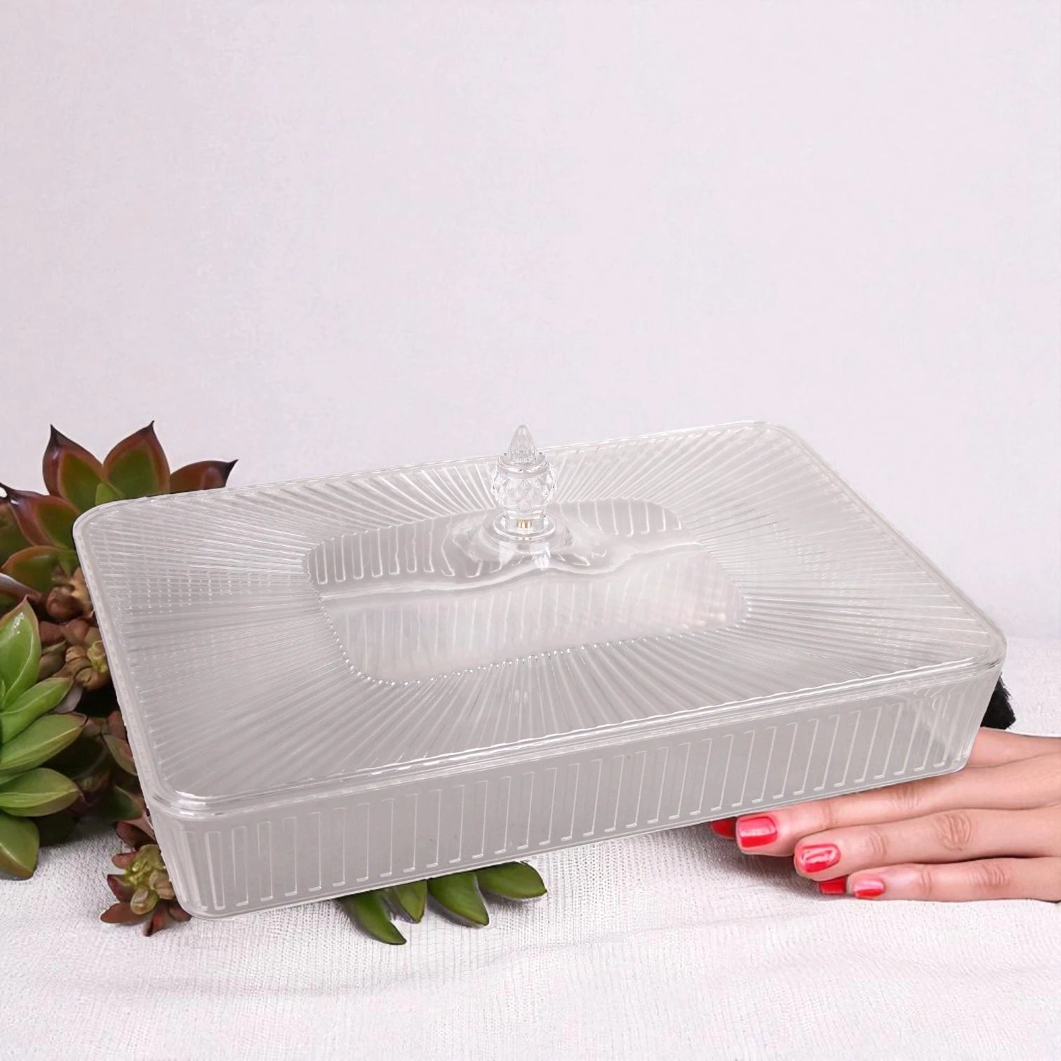 Vague Clear Acrylic Rectangular Serving Tray with Lid – Elegant Design, Durable & Lightweight, Ideal for Sweets, Snacks, or Display – Multipurpose Storage Box with Handle Lid - Damoo