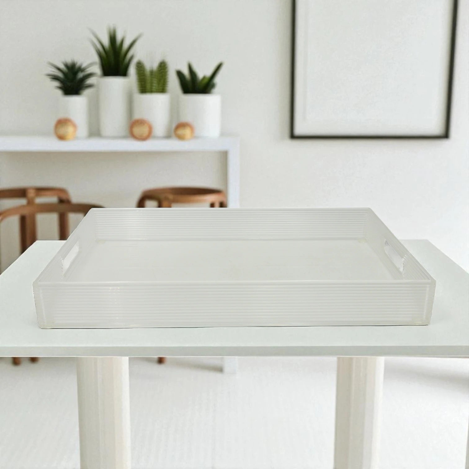 Vague Premium Clear Acrylic Serving Tray – Modern Rectangular Organizer Tray with Elegant Ribbed Edges & Built-In Handles – Perfect for Home, Office, Vanity, or Coffee Table Décor - Damoo