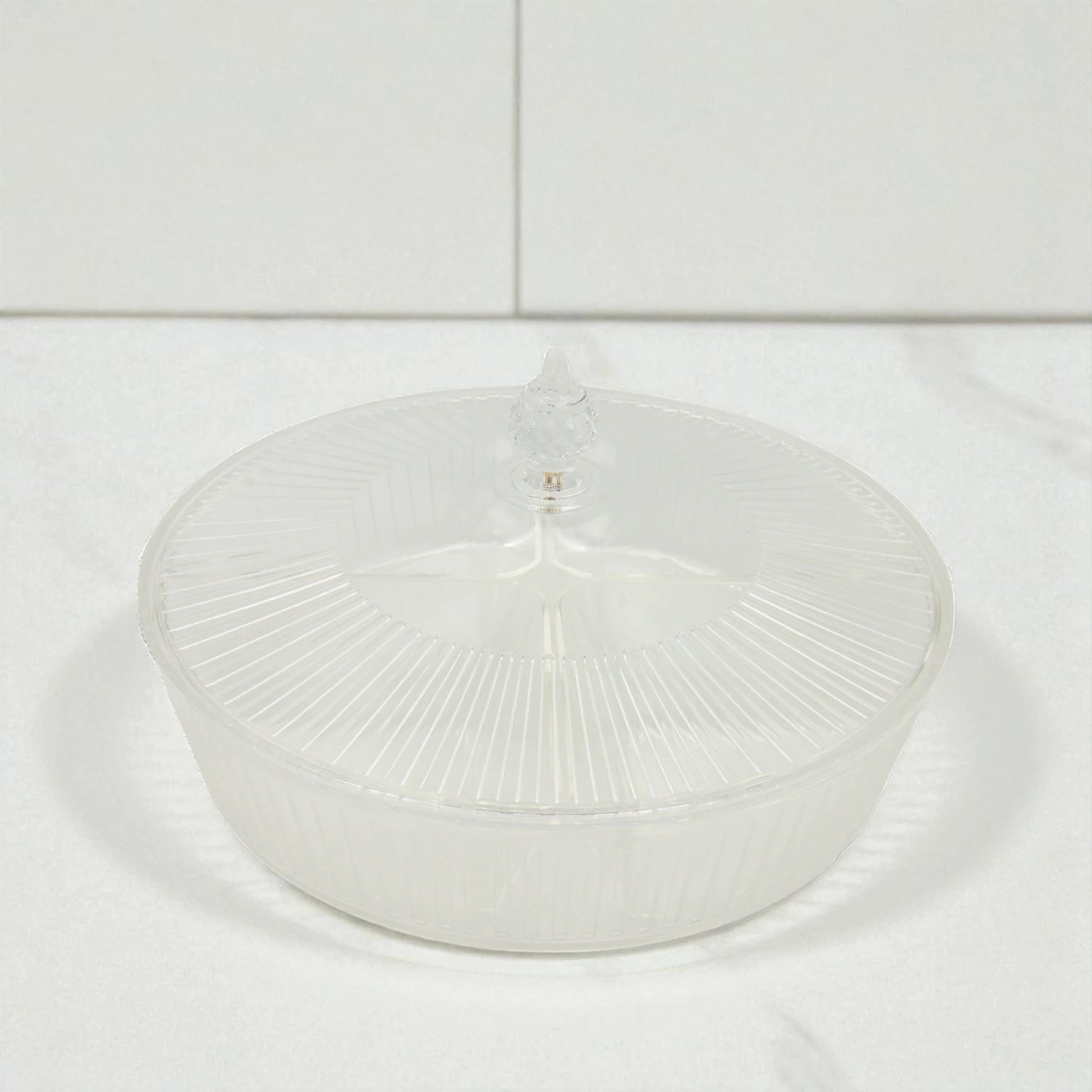 Vague Round Acrylic Sectioned Serving Tray with Lid – 5-Compartment Clear Organizer for Snacks, Sweets, or Dry Fruits – Elegant Display with Handle, Durable & Lightweight - Damoo