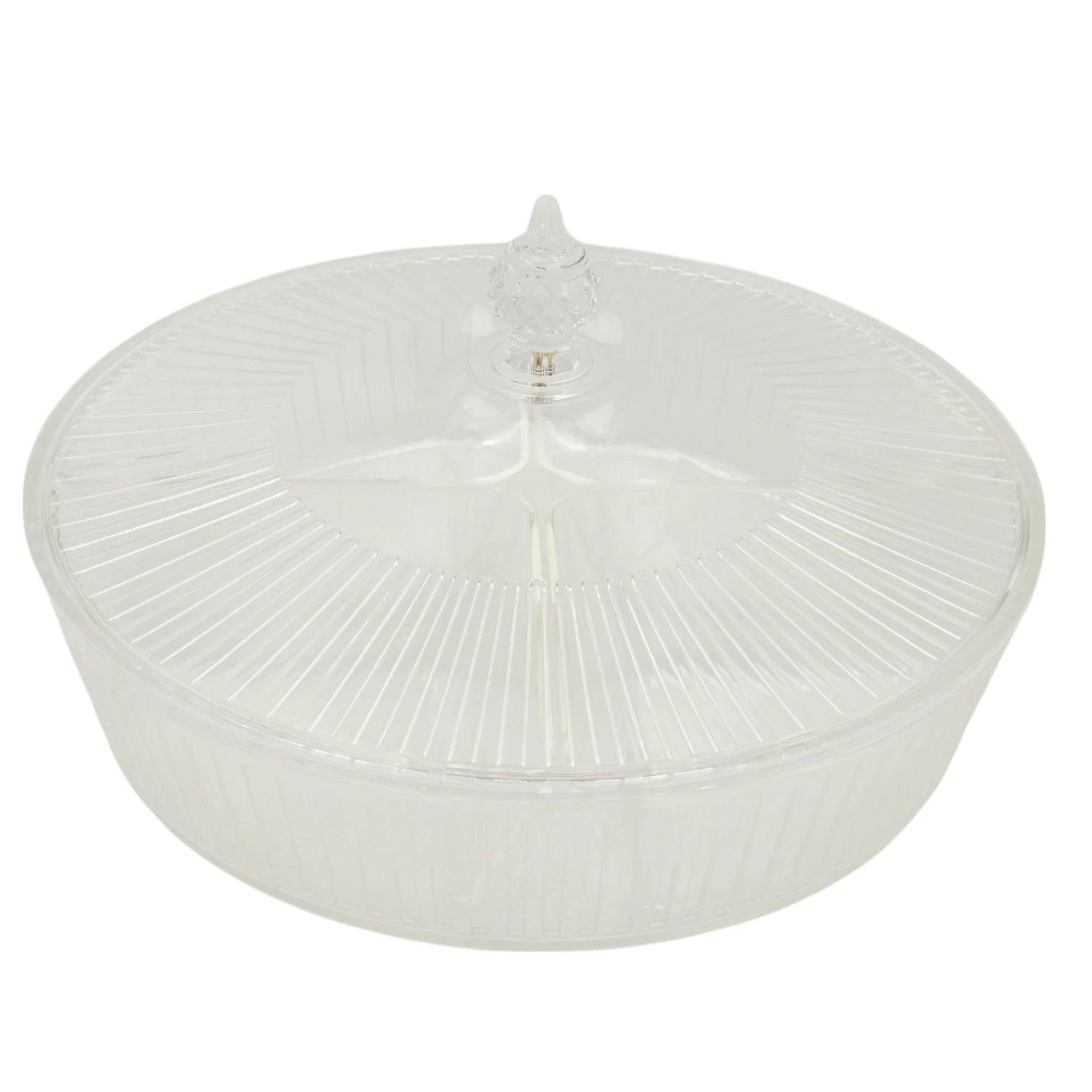 Vague Round Acrylic Sectioned Serving Tray with Lid – 5-Compartment Clear Organizer for Snacks, Sweets, or Dry Fruits – Elegant Display with Handle, Durable & Lightweight - Damoo