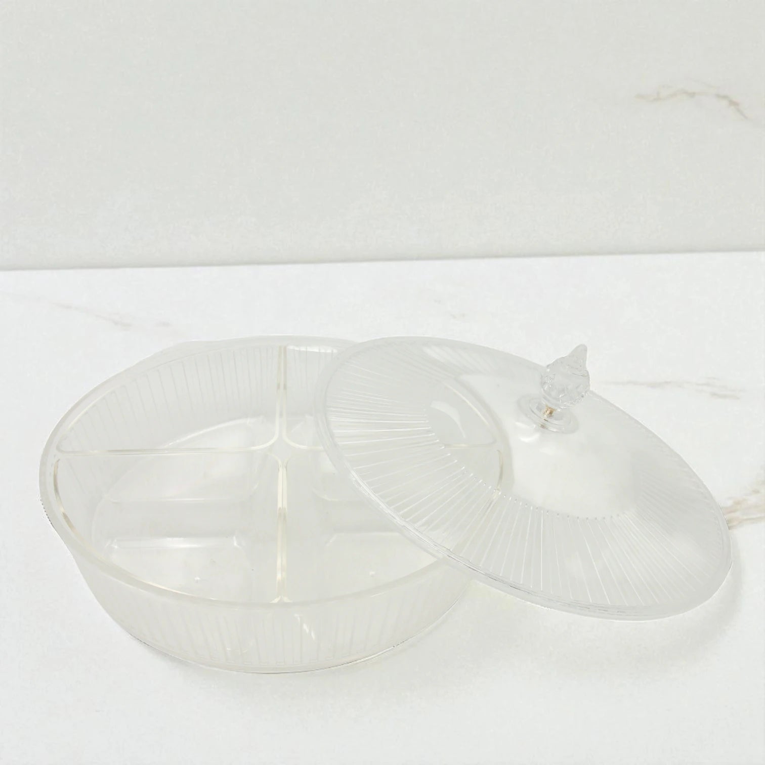 Vague Round Acrylic Sectioned Serving Tray with Lid – 5-Compartment Clear Organizer for Snacks, Sweets, or Dry Fruits – Elegant Display with Handle, Durable & Lightweight - Damoo