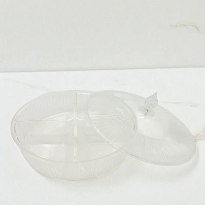 Vague Round Acrylic Sectioned Serving Tray with Lid – 5-Compartment Clear Organizer for Snacks, Sweets, or Dry Fruits – Elegant Display with Handle, Durable & Lightweight - Damoo