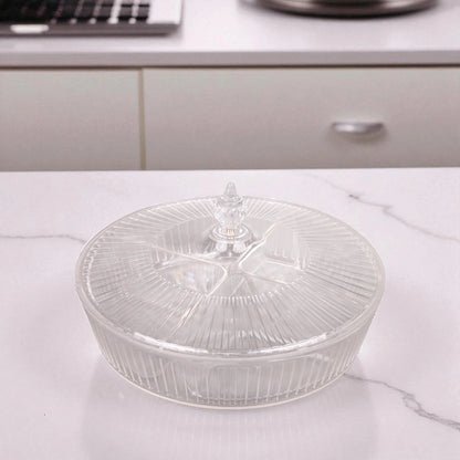 Vague Round Acrylic Sectioned Serving Tray with Lid – 5-Compartment Clear Organizer for Snacks, Sweets, or Dry Fruits – Elegant Display with Handle, Durable & Lightweight - Damoo