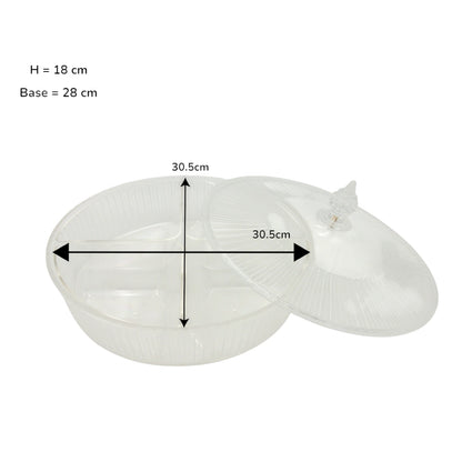 Vague Round Acrylic Sectioned Serving Tray with Lid – 5-Compartment Clear Organizer for Snacks, Sweets, or Dry Fruits – Elegant Display with Handle, Durable & Lightweight - Damoo