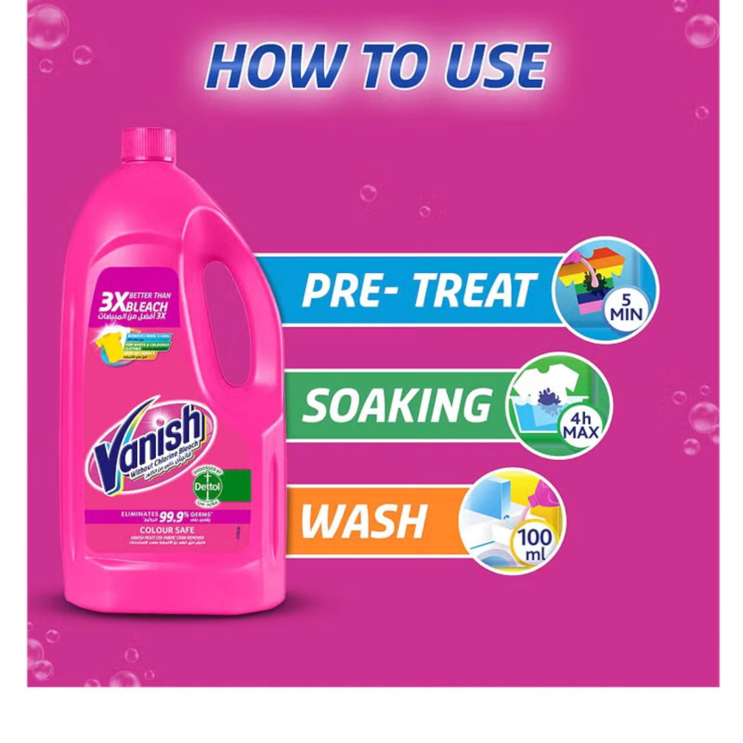 Vanish Laundry Stain Remover Liquid – Pack of 2 x 1L Bottles – For White & Colored Clothes – Chlorine-Free & Color Safe – Removes Tough Stains & Kills 99.9% Germs - Damoo