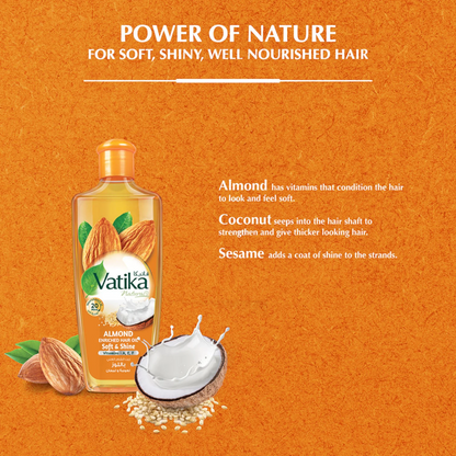 Vatika Naturals Almond Enriched Hair Oil – 300ml | With Vitamins A, E & F | Nourishes, Softens & Adds Shine | Controls Damage from Heat & Styling | Paraben, Sulphate & Silicone-Free | For All Hair Types - Damoo
