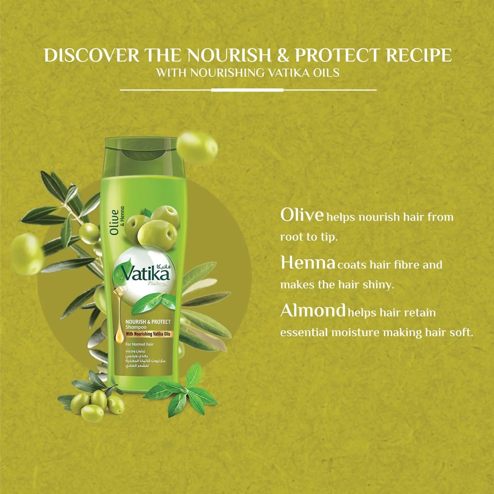 Vatika Naturals Nourish & Protect Shampoo | Twin Pack (2 x 400ml) | Enriched with Olive, Henna & Almond Extracts | For Normal Hair | With Nourishing Vatika Oils - Damoo