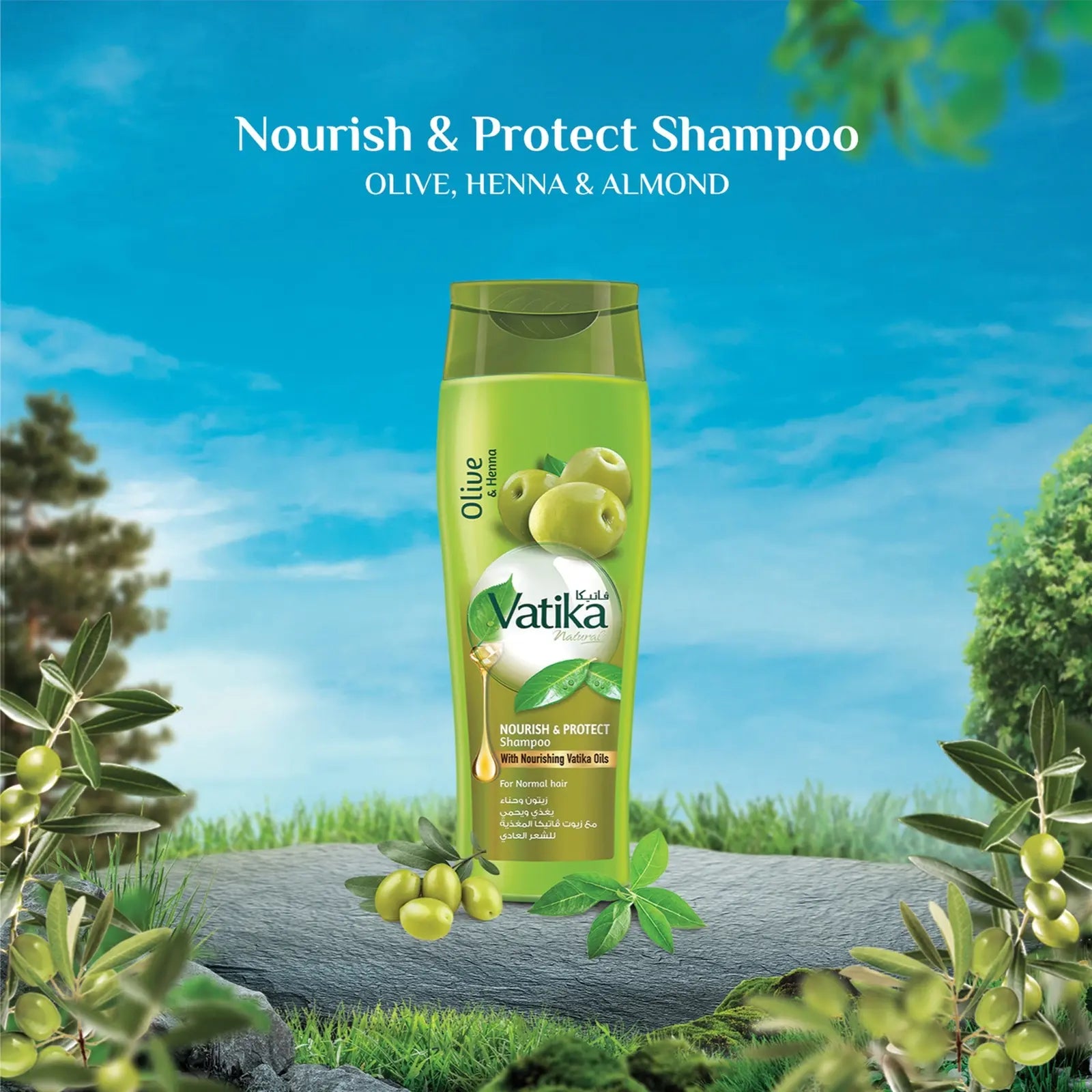 Vatika Naturals Nourish & Protect Shampoo | Twin Pack (2 x 400ml) | Enriched with Olive, Henna & Almond Extracts | For Normal Hair | With Nourishing Vatika Oils - Damoo