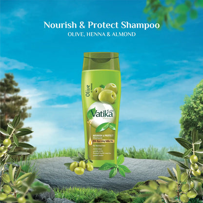 Vatika Naturals Nourish & Protect Shampoo | Twin Pack (2 x 400ml) | Enriched with Olive, Henna & Almond Extracts | For Normal Hair | With Nourishing Vatika Oils - Damoo