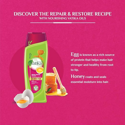 Vatika Naturals Repair & Restore Shampoo | Super Value Pack (2 x 400ml) | With Honey, Egg Extract & Vatika Oils | For Damaged Hair & Split Ends | Paraben-Free - Damoo