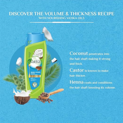 Vatika Naturals Volume & Thickness Shampoo | Twin Pack (2 x 400ml) | Enriched with Coconut & Castor Extracts | For Thin & Limp Hair | With Nourishing Vatika Oils - Damoo
