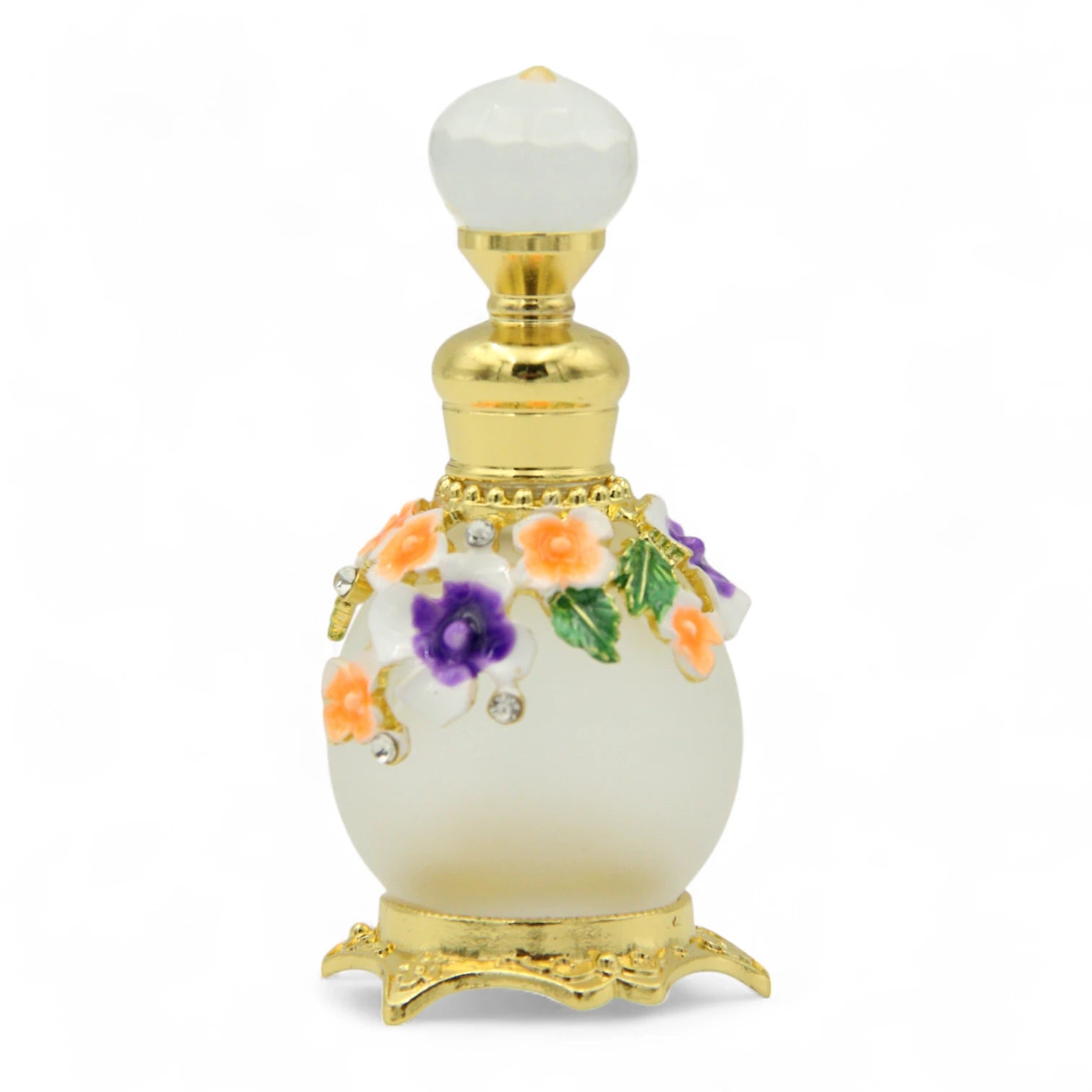 Vintage Floral Glass Perfume Bottle with Crystal Dropper 50 ML – Handcrafted Refillable Scent Bottle with Ornate Gold Base - Damoo